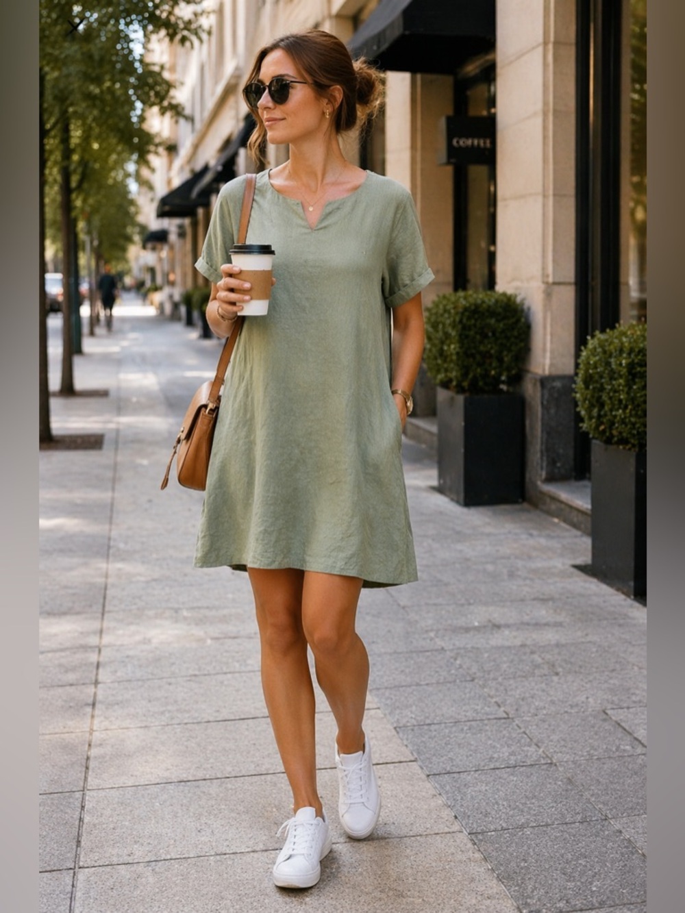 MATCH POINT Women’s Sage Green Linen Mini Dress Tunic Notch Neck M